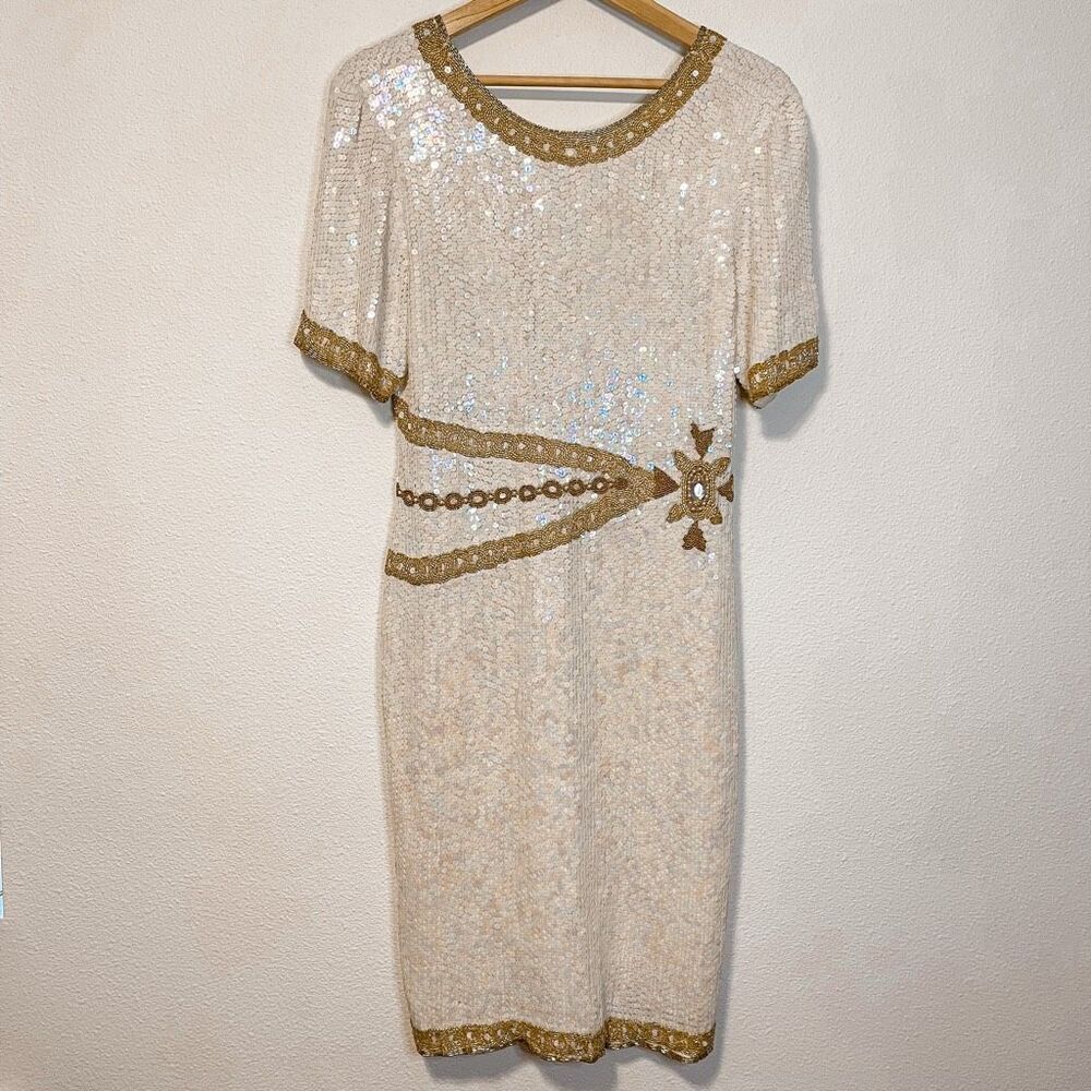 Vintage RARE Patra Iridescent‎ Sequined White & Gold Beaded 100% Silk Dress Size